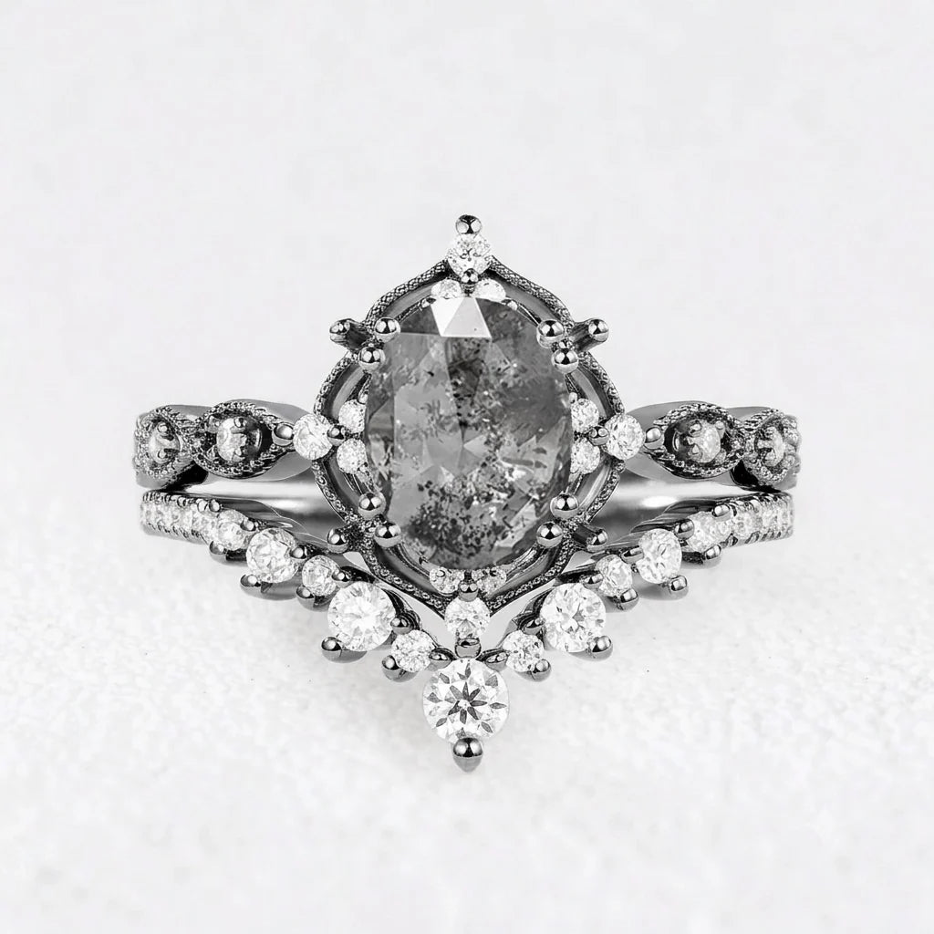 Charlotte’s Grace | 1.5CT Oval Salt & Pepper Diamond Vintage Bridal Set 2pcs