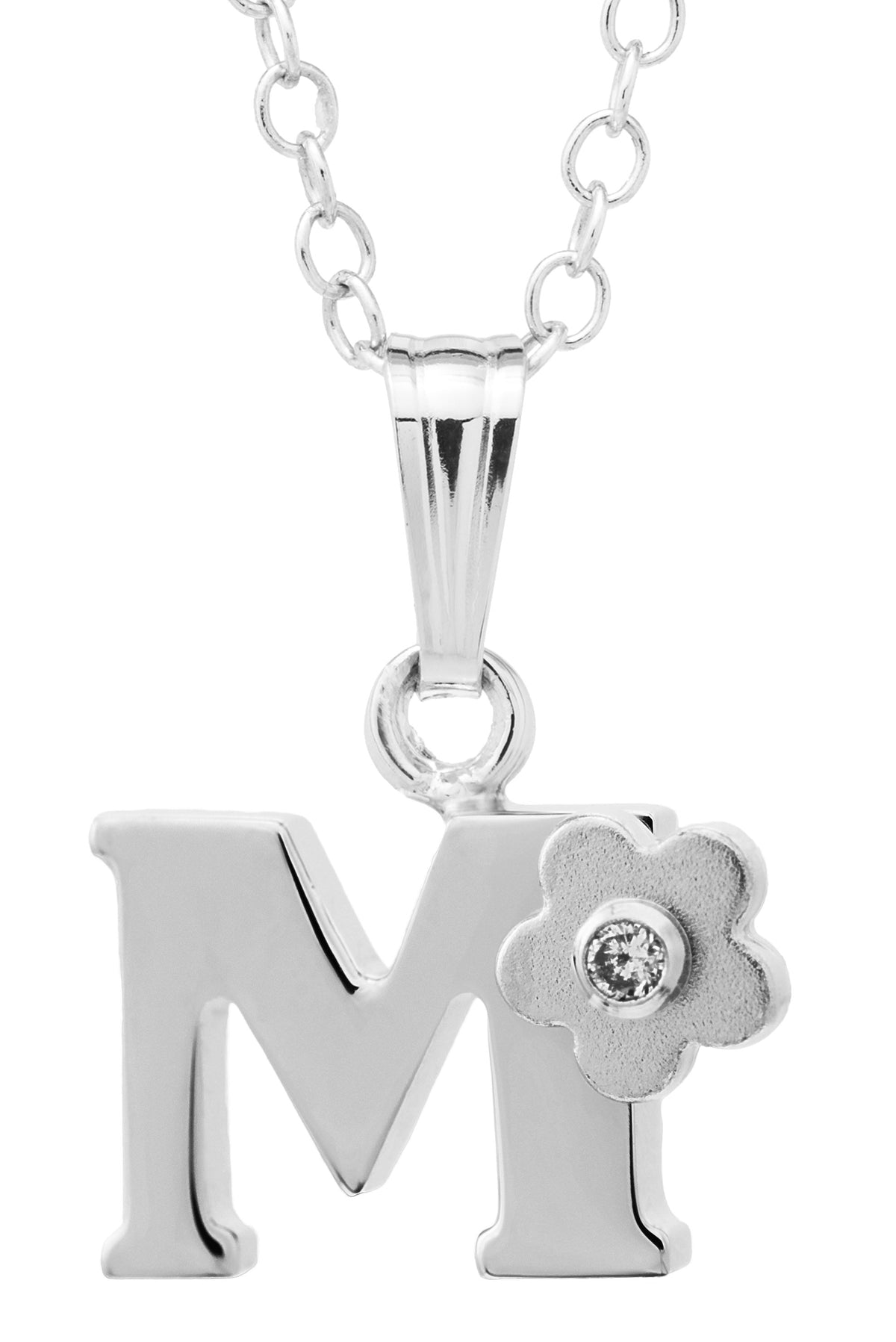 SS Inital Diamond Flower "M" Necklace with a 15in chain