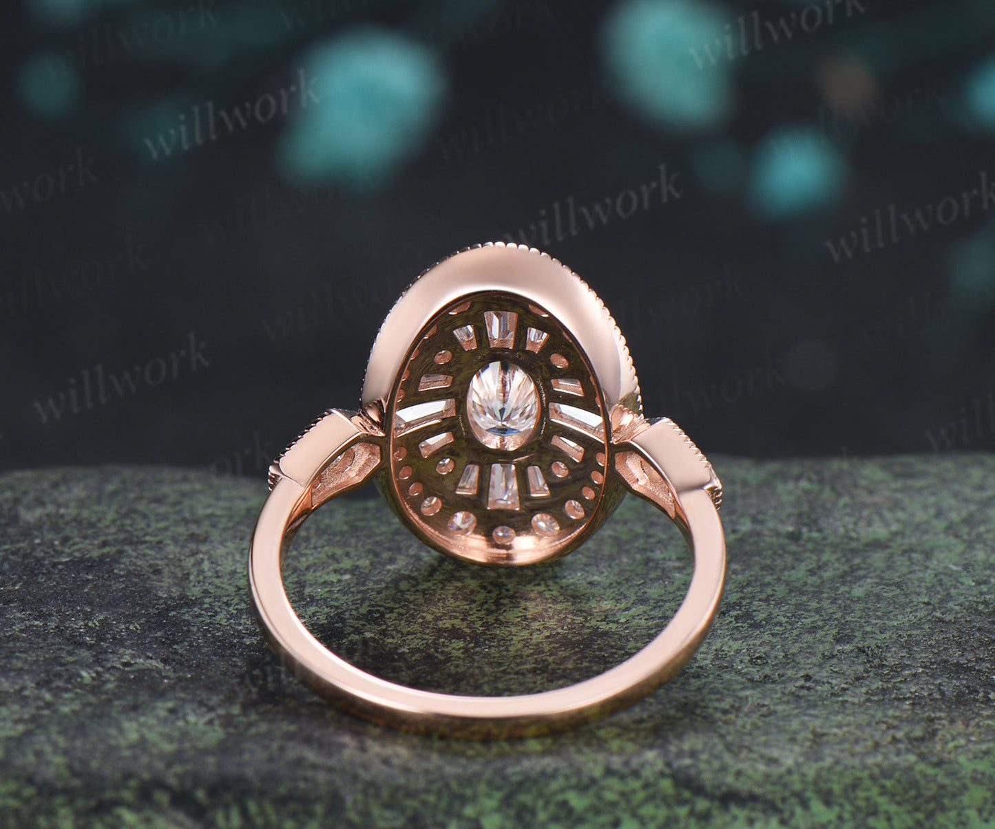 Oval Moissanite Milgrain Ring Vintage Halo Cocktail Ring Art Deco Inspired Statement Engagement Ring
