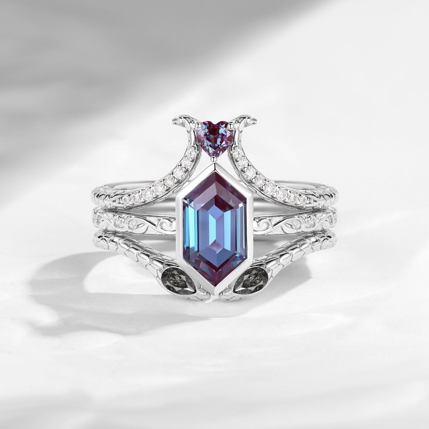 'Serpent's Allure' - Long Hexagon Cut Lab Alexandrite Vintage Bezel Engagement Ring Set 3pcs