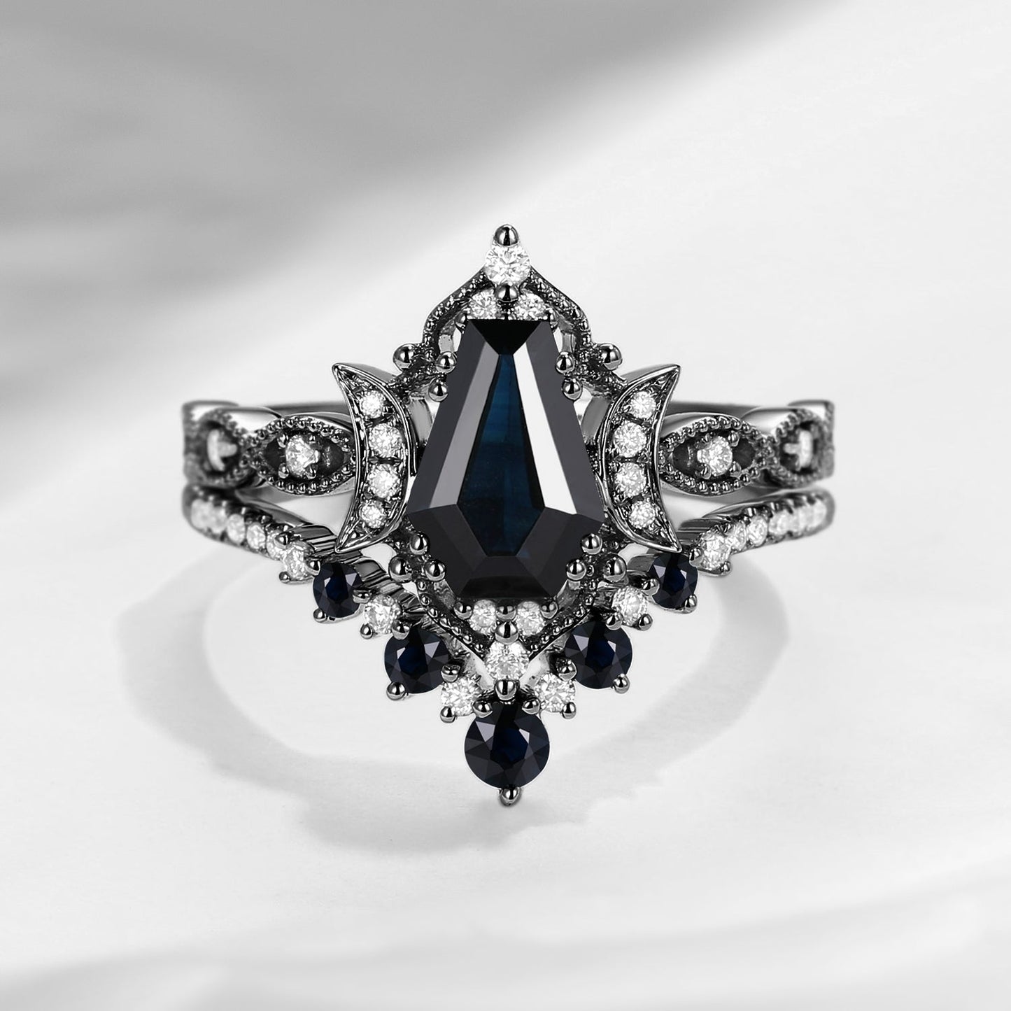 Crescent Moon | Coffin Cut Natural Black Sapphire 'Till Death Do Us Part' Engagement Ring Set 2pcs