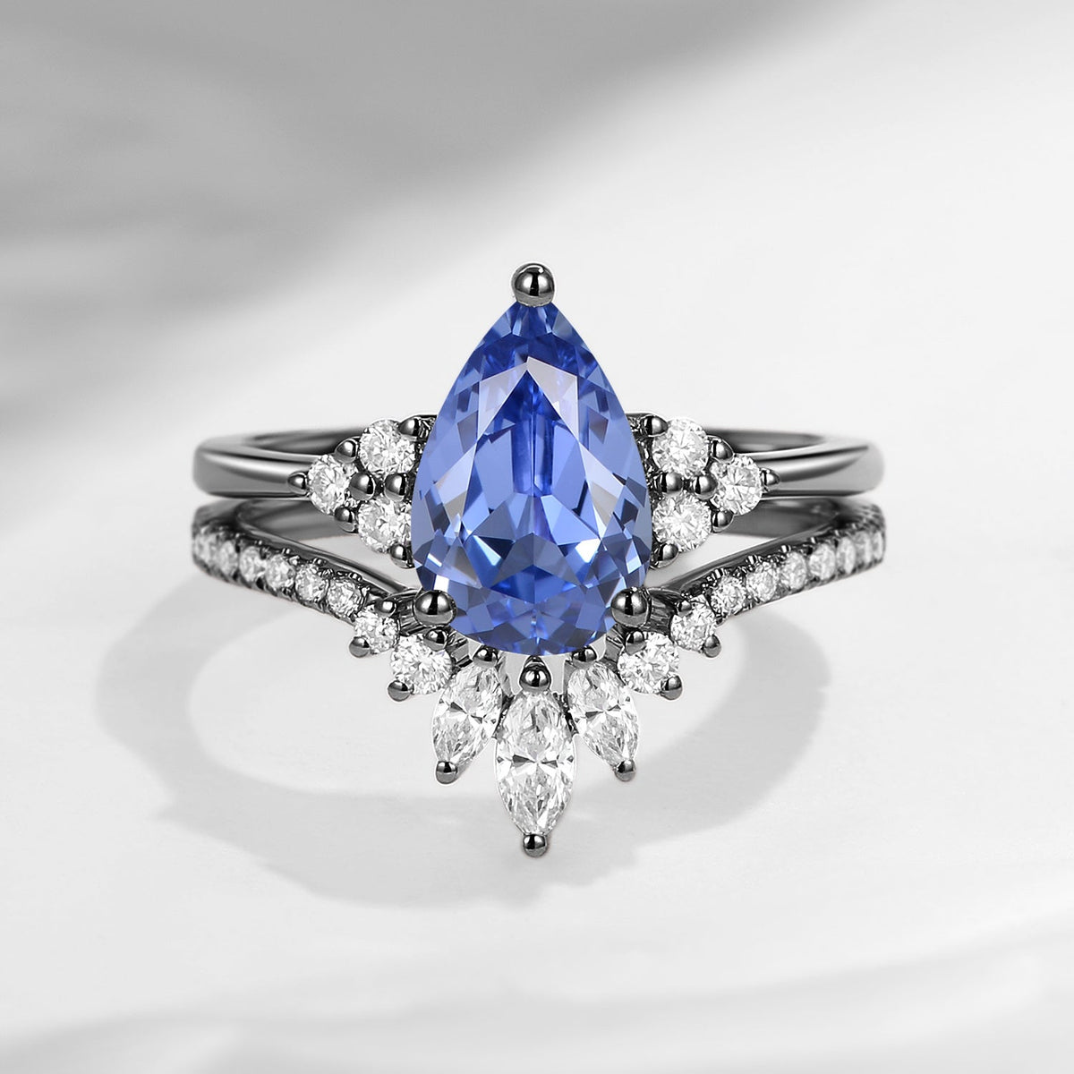 1.5ct Pear Shaped Classic Cluster Lab Cornflower Sapphire Engagement Ring Set 2pcs - Vivian