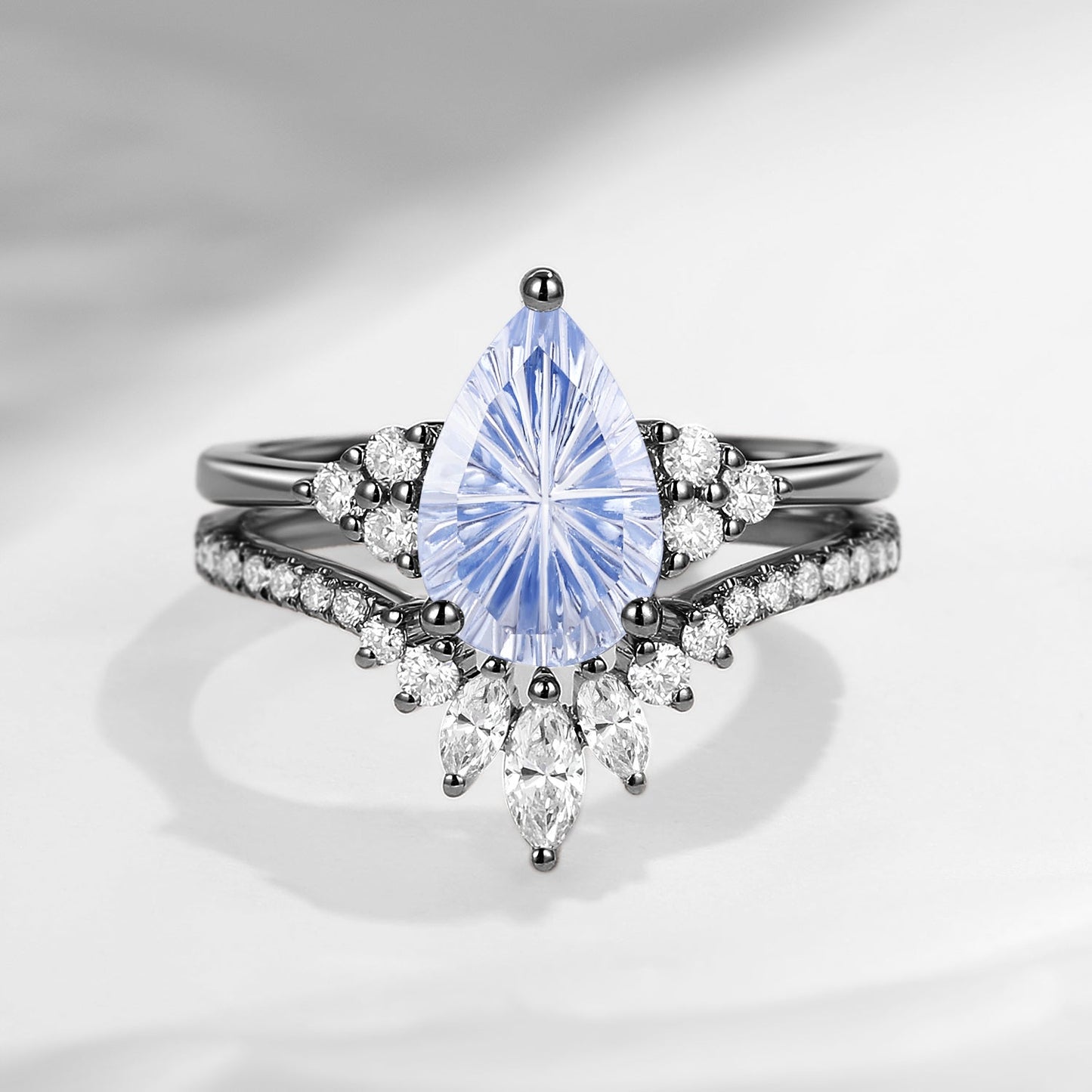 'Vivian' - 18K Fantasy Carved Pear Shaped Classic Cluster Lab Cornflower Sapphire Engagement Ring Set