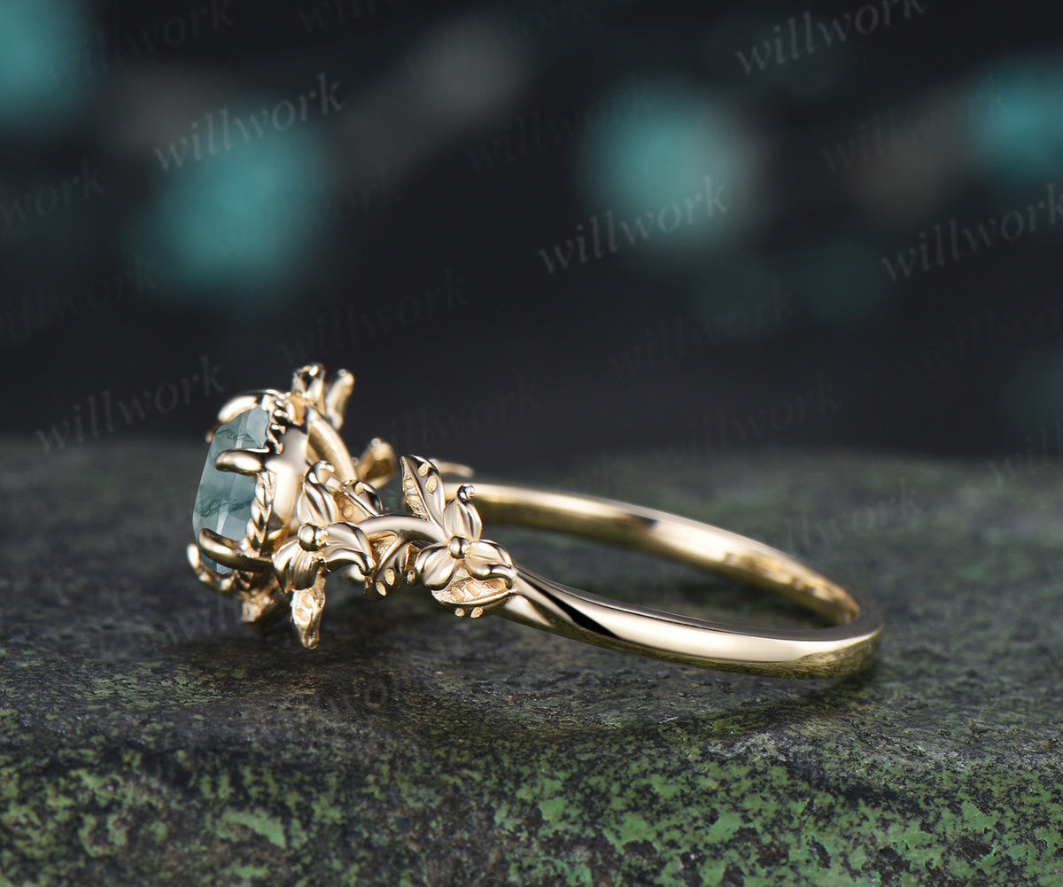Round Moss Agate Twisted Floral Vine Engagement Ring Nature Inspired Solitaire Promise Ring for Her