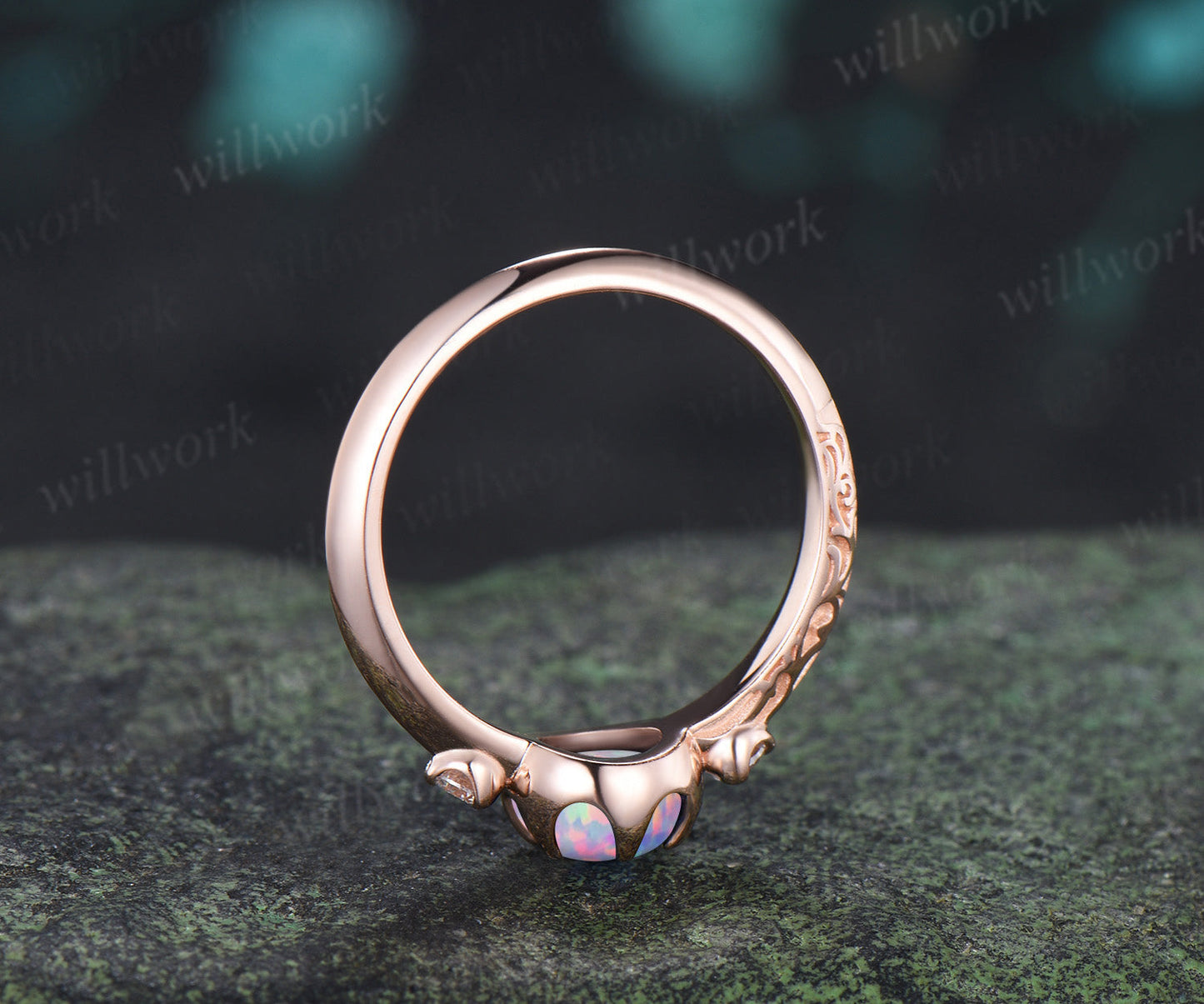 Vintage Round Opal Engagement Ring Three Stone Diamond Ring Filigree Floral Opal Promise Ring