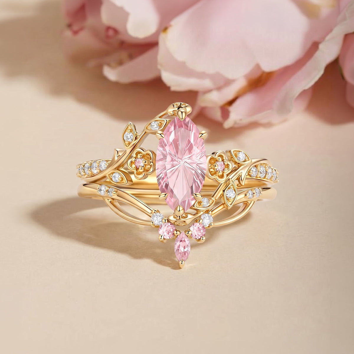 Firework Marquise Cut Lab Pink Sapphire Flower Engagement Ring Sets - Zane