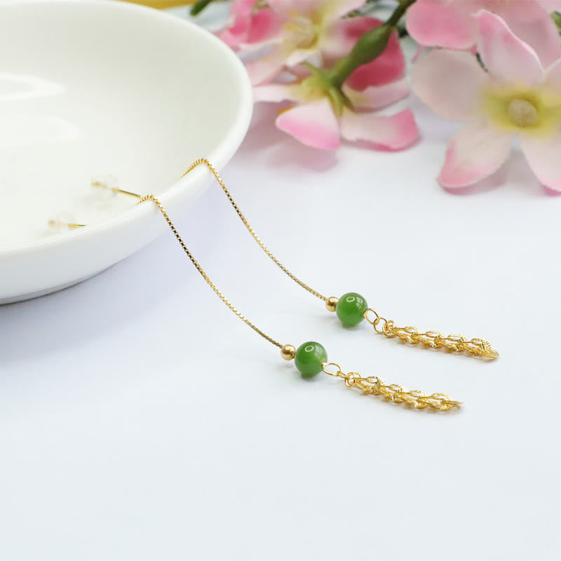 Fortune Jewel 925 Sterling Silver Natural Hetian Cyan Jade Bead Luck Phoenix Tail Drop Earrings