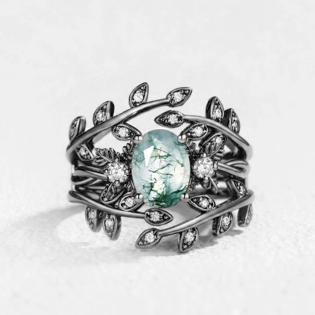 Léonie Oval Cut Moss Agate Leafy Enhancer Ring Set 2pcs