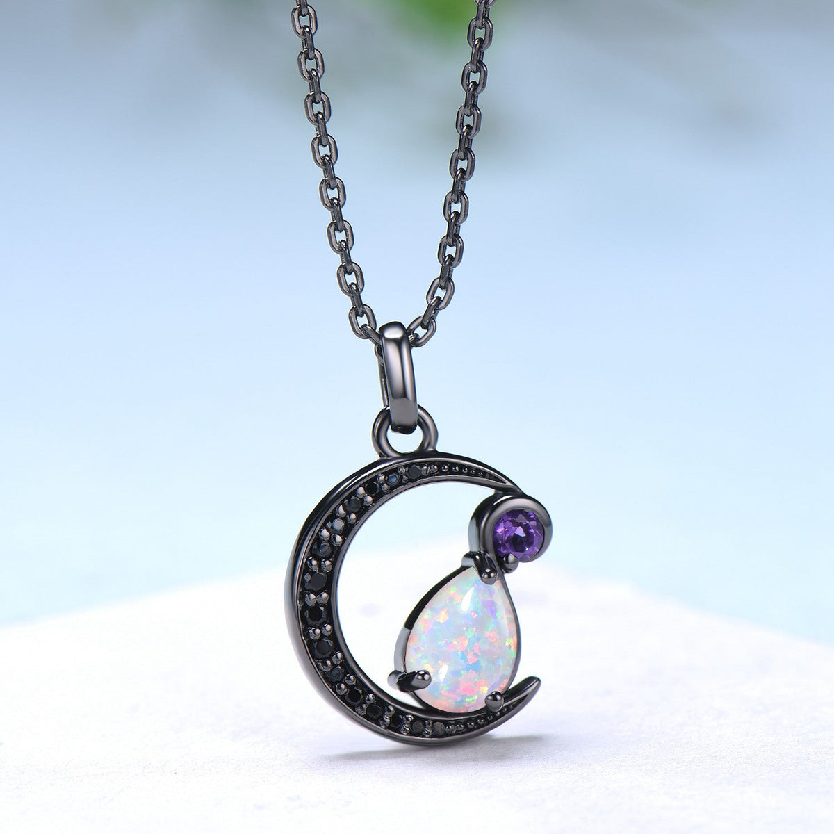 Magic Crescent Moon Black Gold Opal Amethyst Gothic Pendant Necklace Unique Pear Shaped Fire White Opal Black Spinel Necklace Halloween Girl