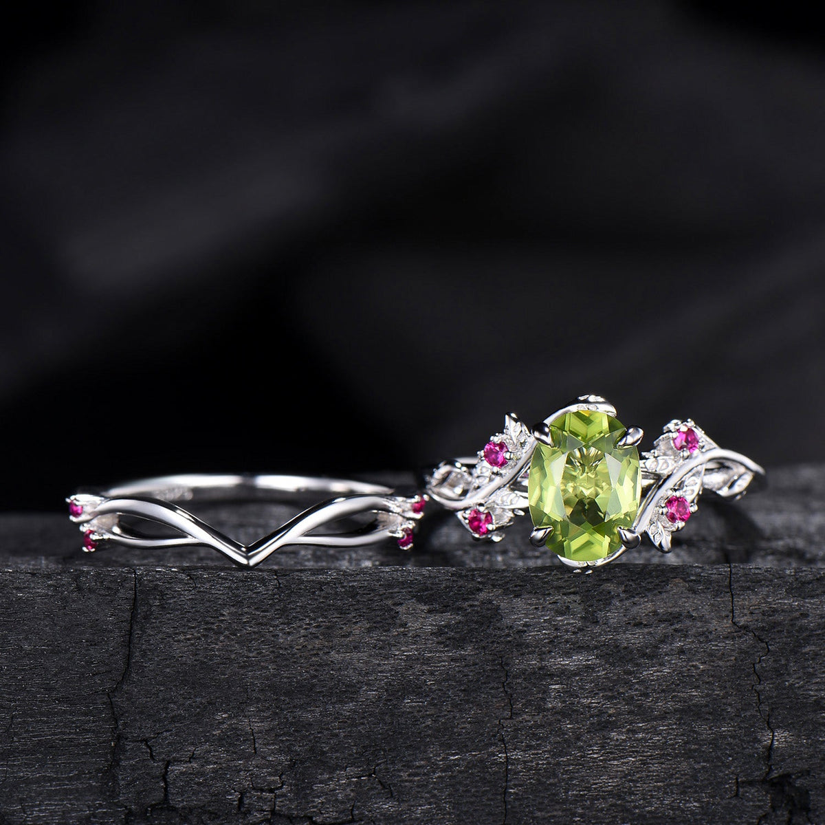 Leaf vine peridot rubywedding ring set Natural inspired August Birthstone Jewelry