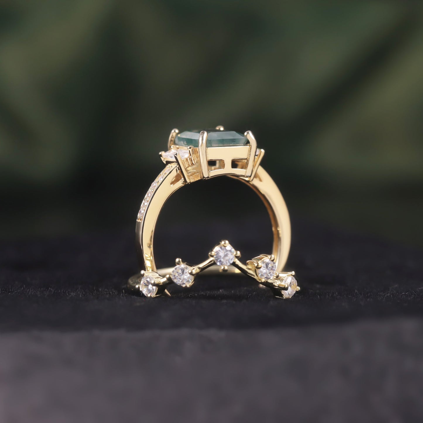 Emerald Cut Moss Agate Three-Stone Vintage Inspire Gold Ring Set 2pcs