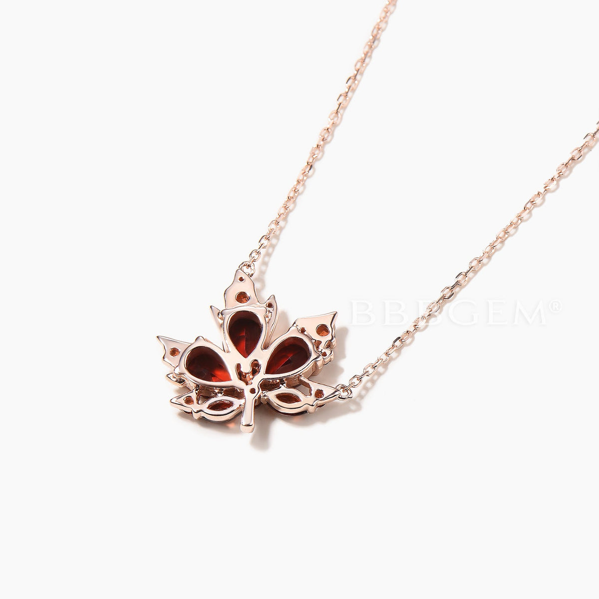 Teardrop Cut Garnet Maple Leaf Necklace Rose Gold Nature Inspired Pendant