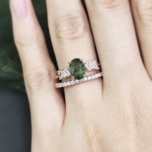 Unique Oval Moss Agate Engagement Ring Set 2pcs