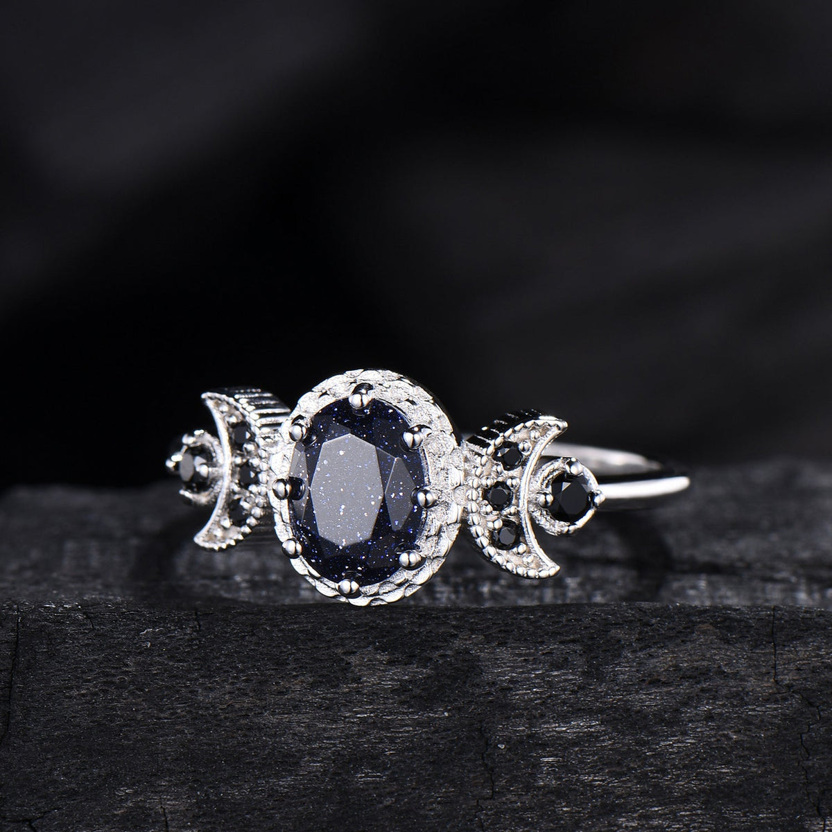 Oval Blue Sandstone Engagement Ring, Celestial Crescent Moon Ring, Gothic Promise Ring, Triple Goddess Witchy Jewelry, Anniversary Gift