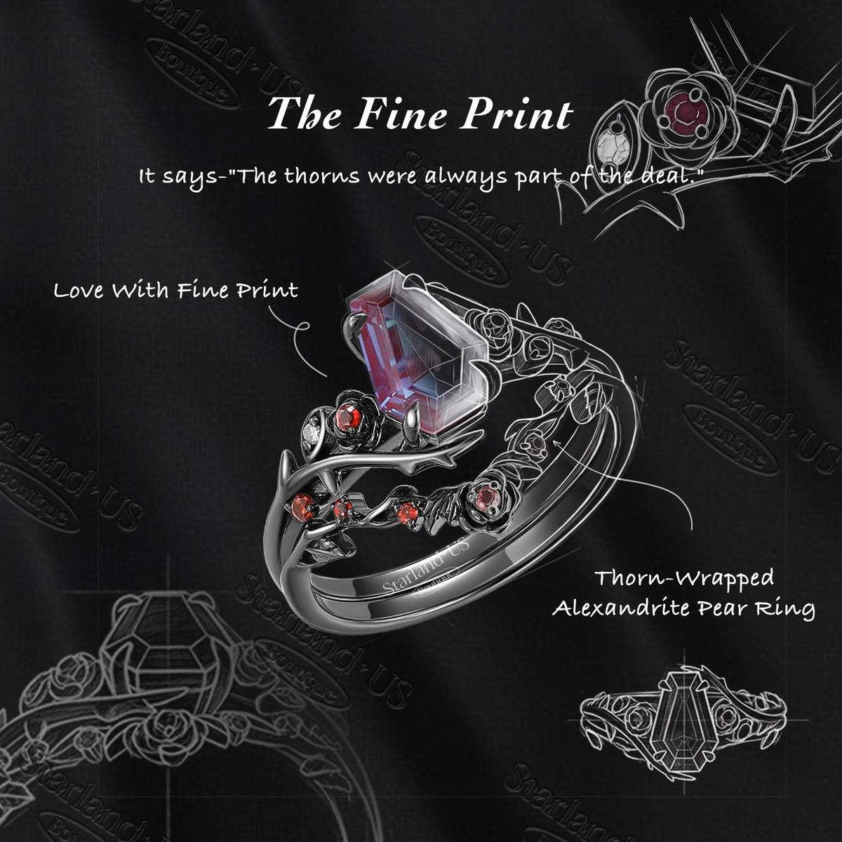 Gothic Nature Inspired Coffin Cut Garnet Engagement Ring Set 2pcs - 'Thorns & Roses'