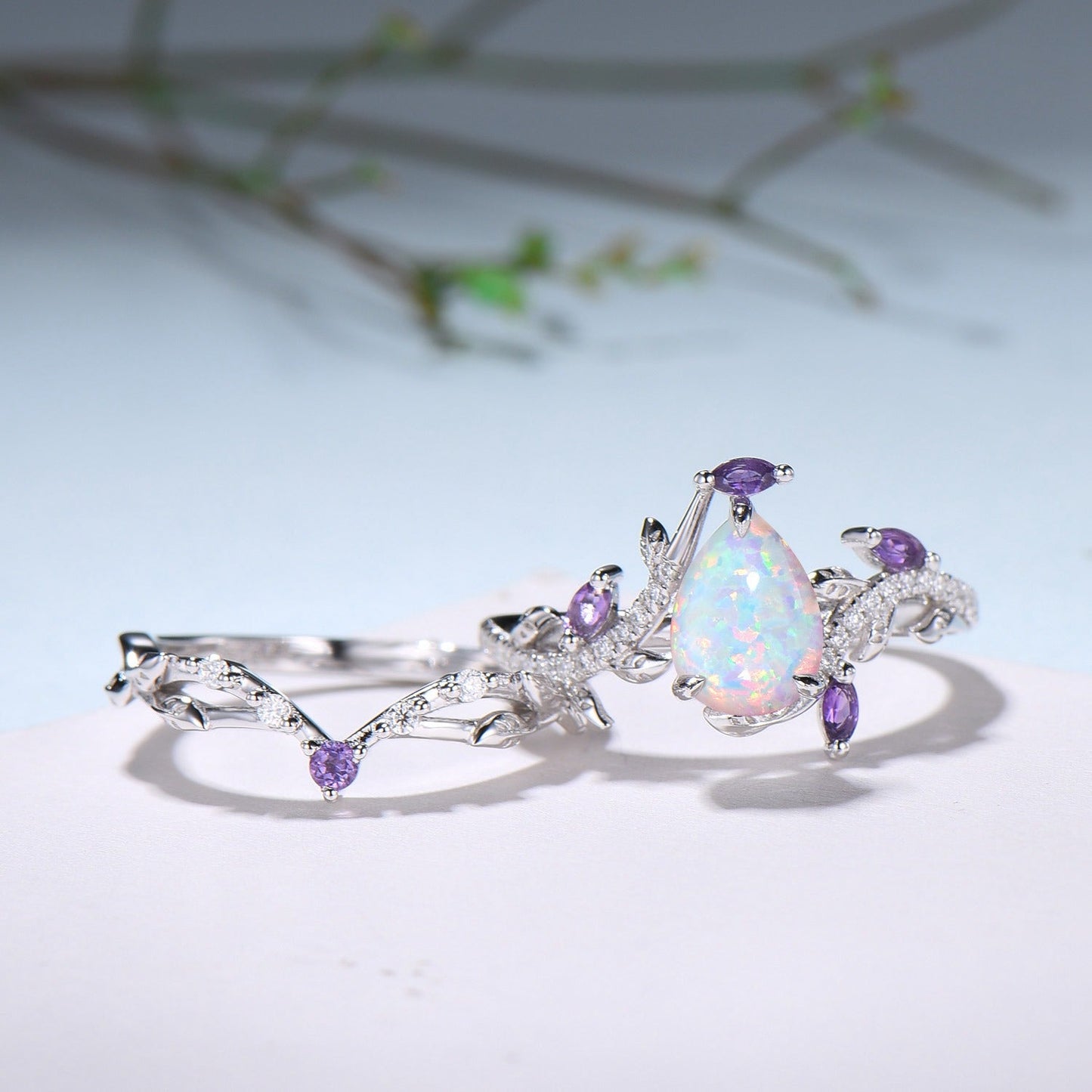 Vintage Pear Shaped White Fire Opal Engagement Ring Set Nature Inspired Snake Marqusie Opal Wedding Set 14K Rose Gold Amethyst Bridal Set