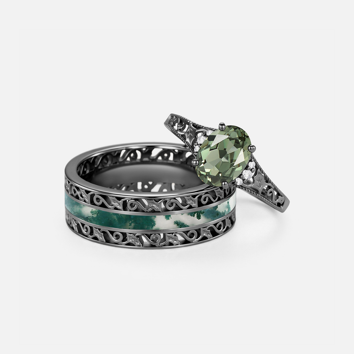 Oval Cut Lab Green Sapphire Engraved Engagement Couple Ring Set 2pcs - Saffron