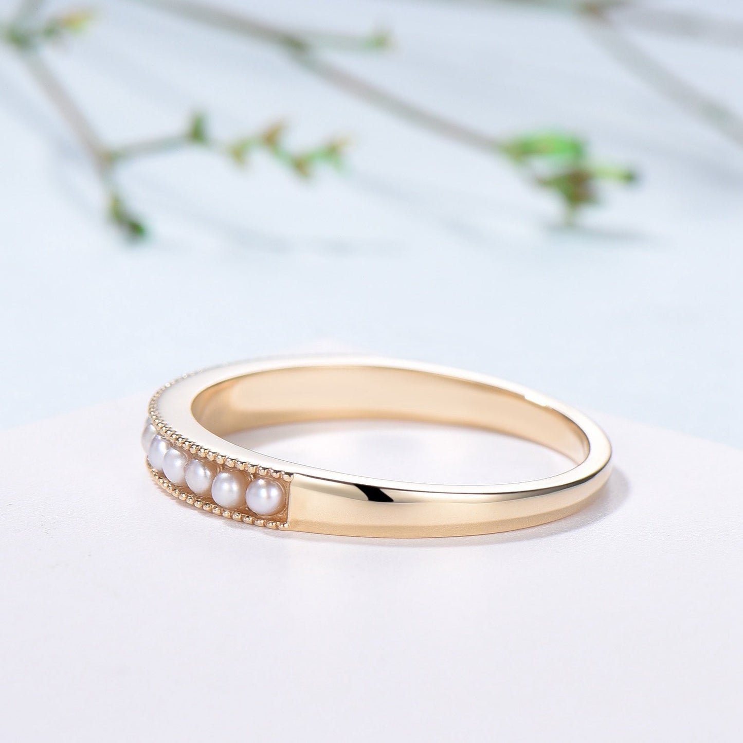 Freshwater Pearl Wedding Ring - 14k Gold Milgrain Anniversary Band