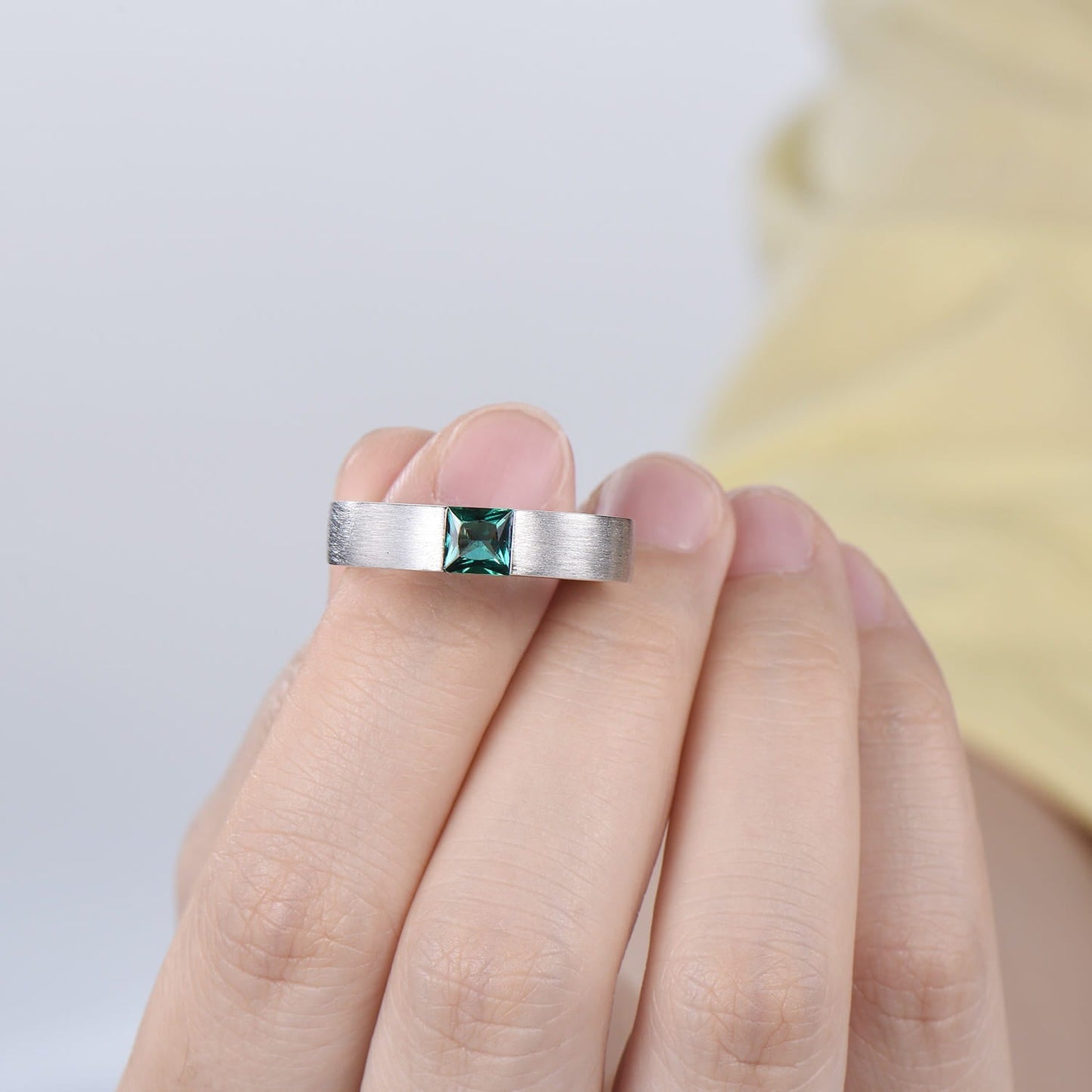 Men's Princess Cut Green Emerald Ring: 14K White Gold May Birthstone Gift For Him