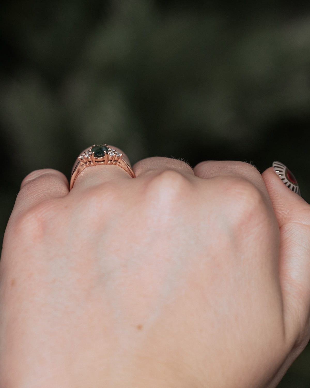"Rhea" - Oval Cut Moss Agate Engagement Ring With Diamond Accents