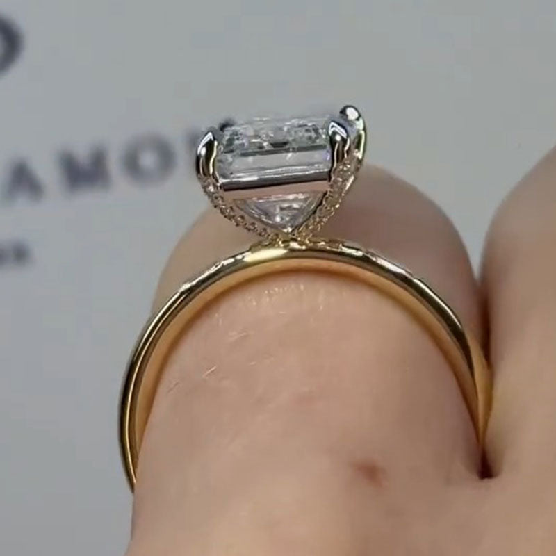 Two Tone Emerald Cut Sterling Silver Engagement Ring