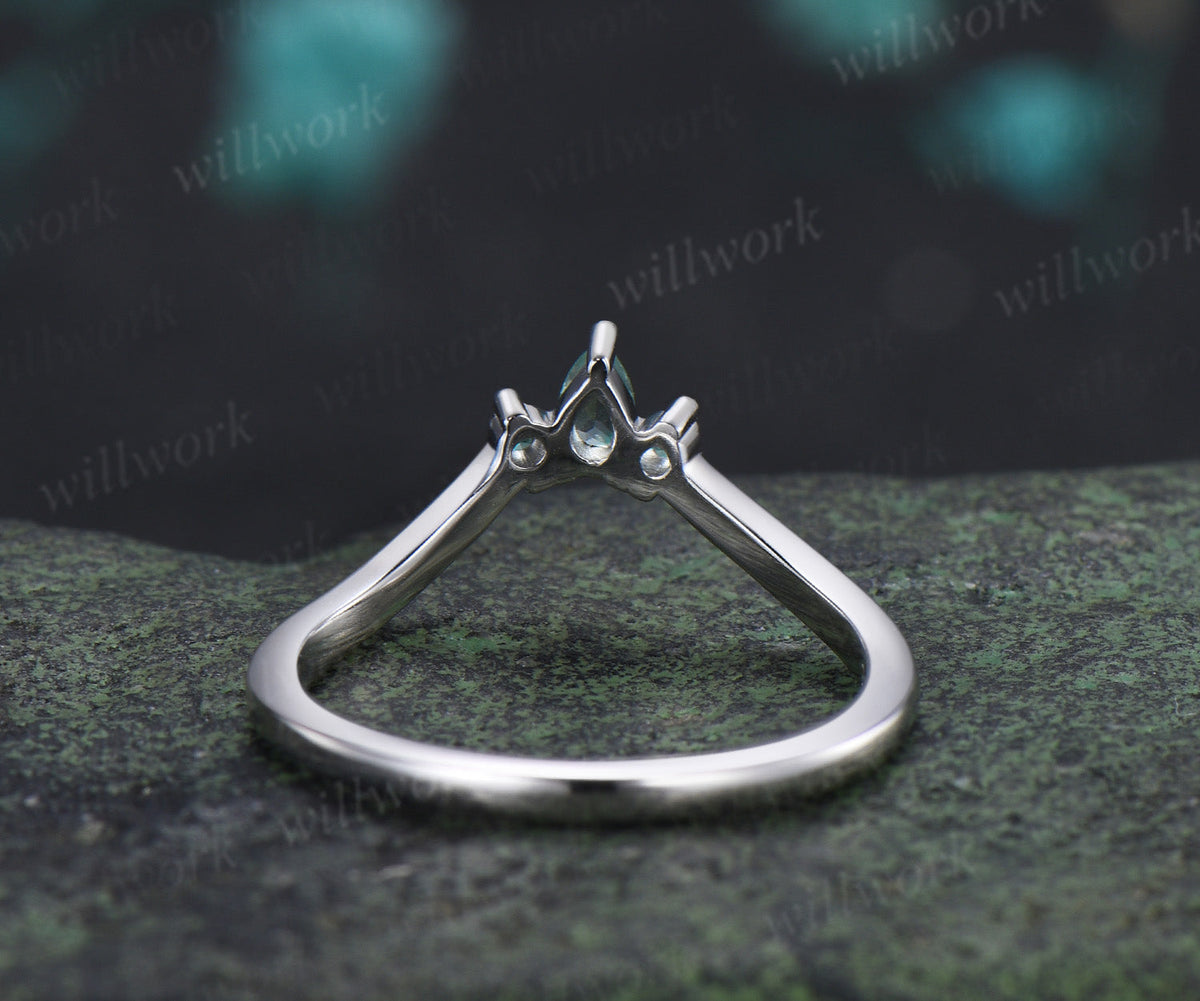 Curved green sapphire wedding band vintage three stone stacking ring women matching band