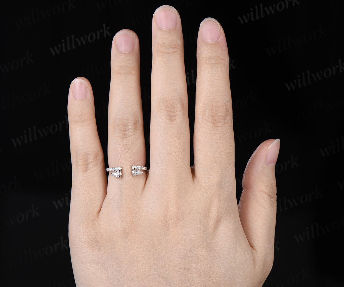 Open Gap Pear Diamond Wedding Band Half Eternity Unique Stacking Ring Dainty Matching Band