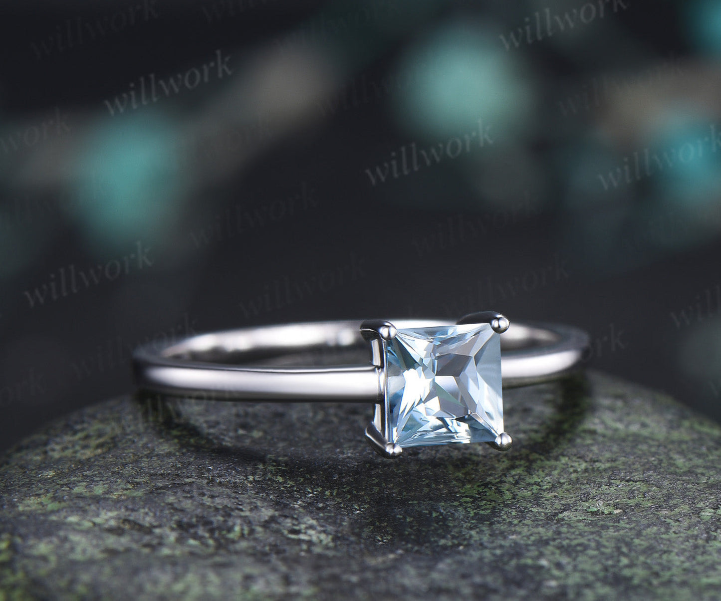 Princess Cut Aquamarine Engagement Ring Dainty Solitaire Ring March Birthstone Jewelry Gift