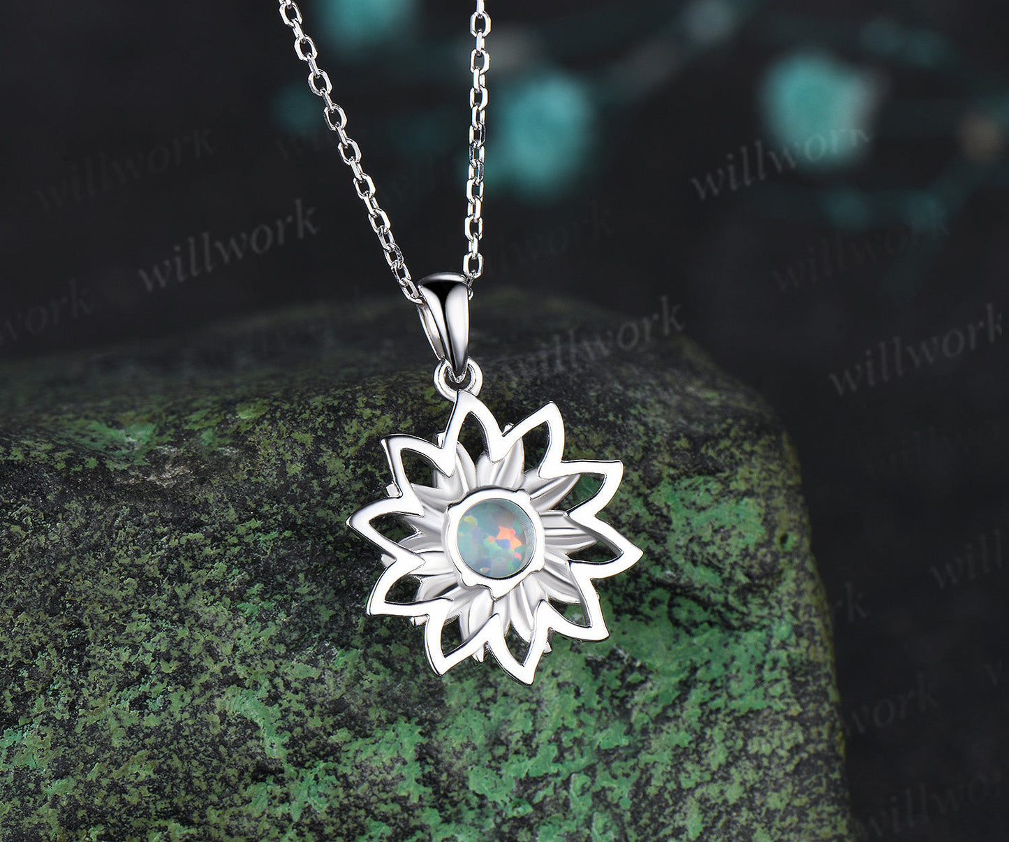 Round Opal Lotus Flower Pendant Necklace Hollow Out Floral Gemstone Necklace Nature Inspired Jewelry
