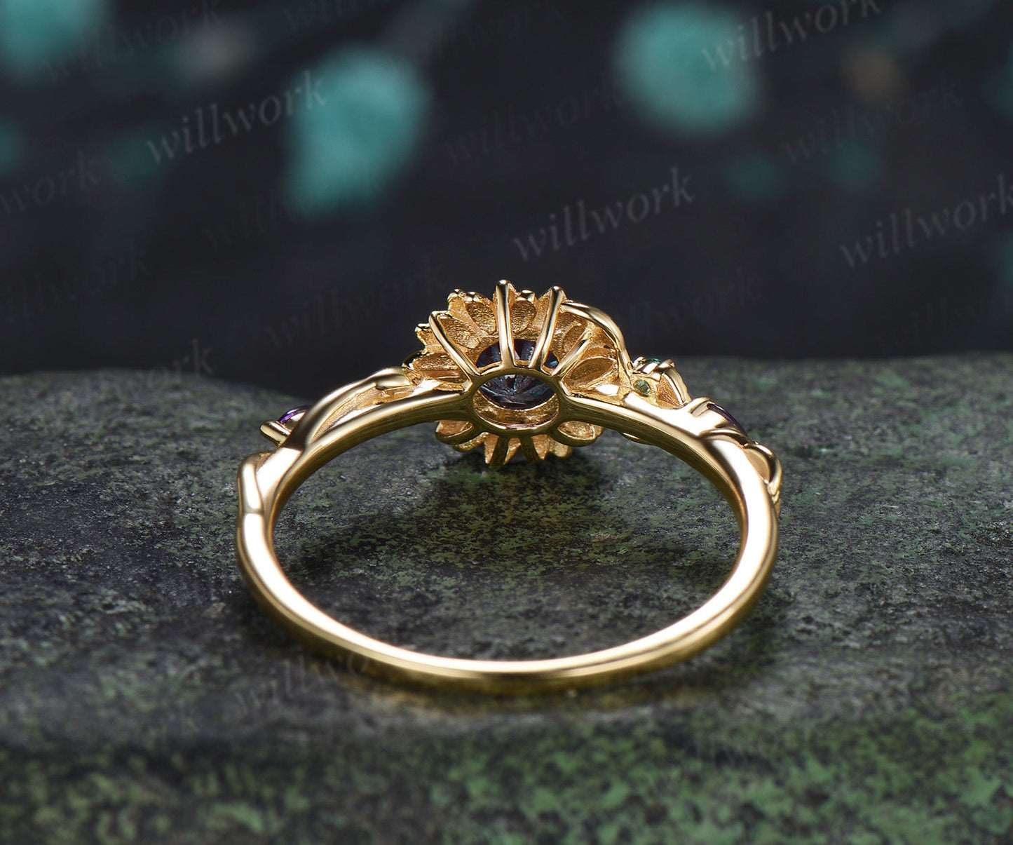 Round Fireworks Cut Alexandrite Sunflower Engagement Ring Leaf Twig Amethyst Emerald Accent Promise Ring