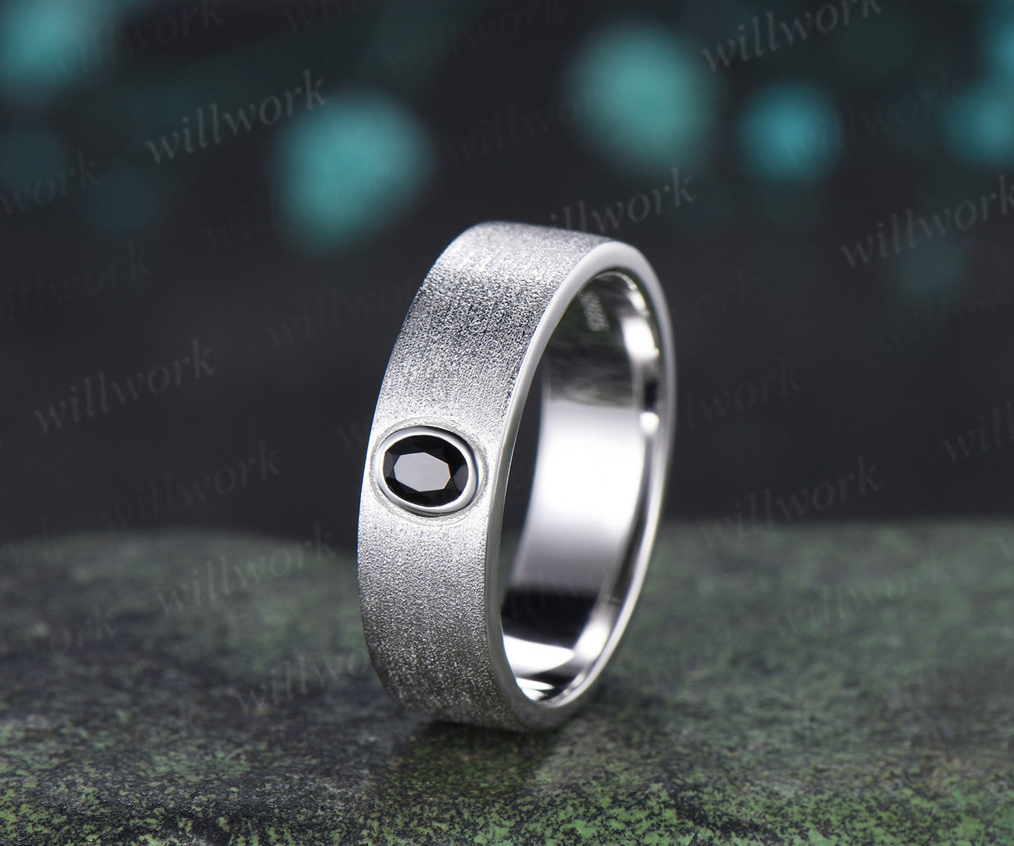 Round Alexandrite Moon Leaf Black Spinel Ring Set & Solitaire Black Onyx Brushed Finish Men Wedding Ring Couple Ring Set