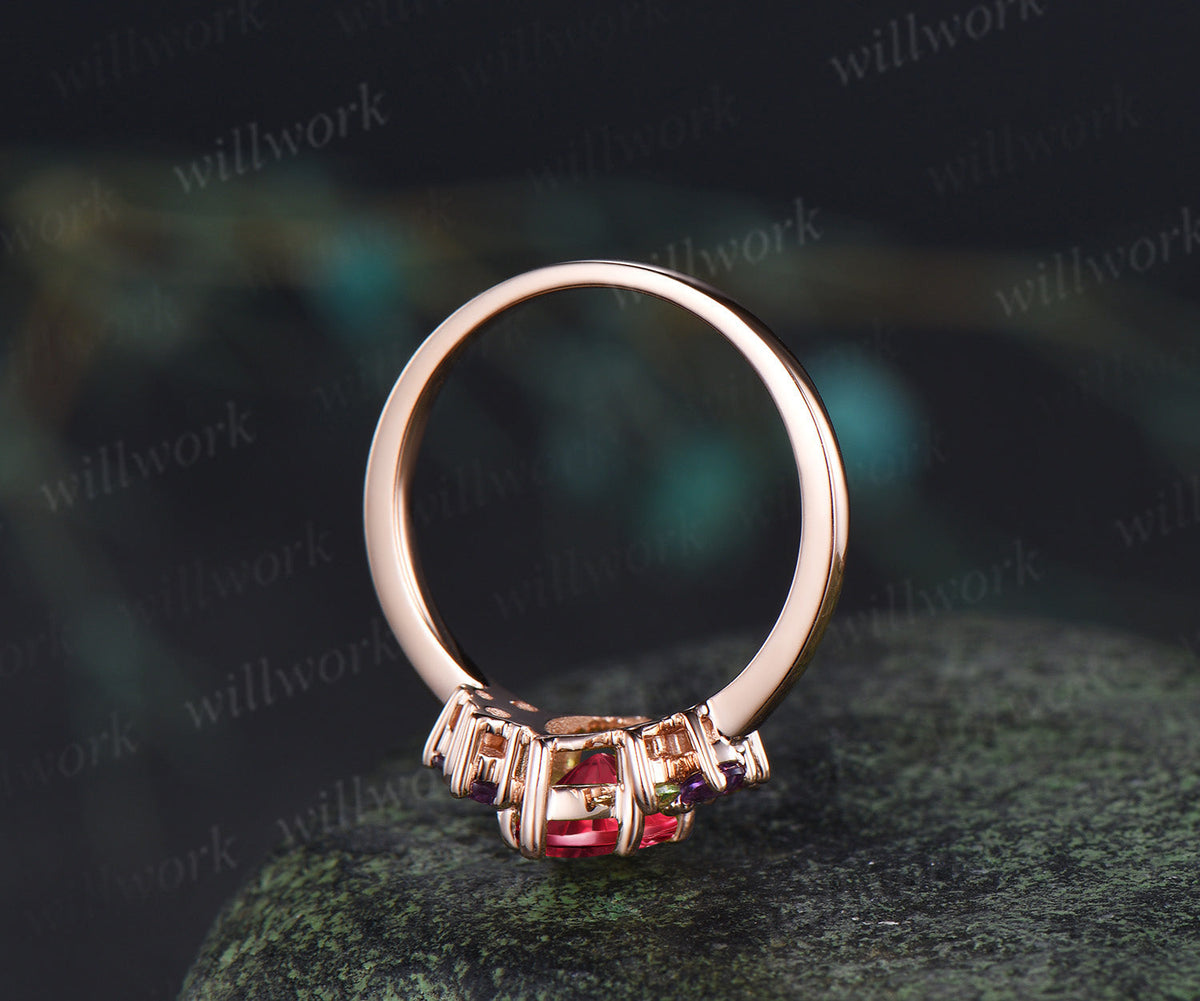 Marquise Fantasy Cut Ruby Engagement Ring Peridot Amethyst Cluster Bridal Wedding Ring July Birthstone Ring