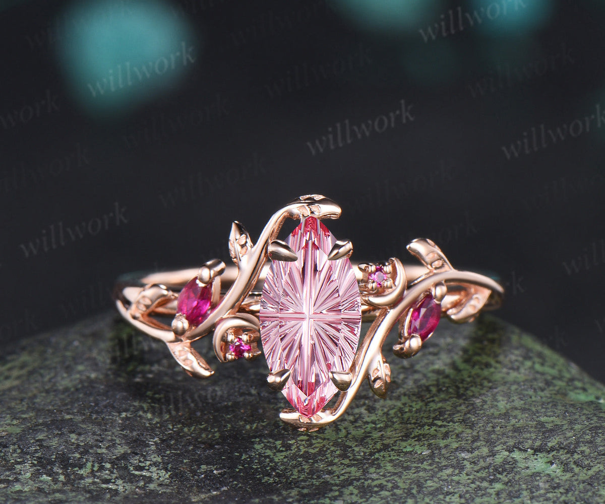 Marquise Fantasy Cut Padparadscha Ring Set Leaf Twig Moon Promise Ring Ruby Accent Wedding Band Pink Sapphire Ring Set