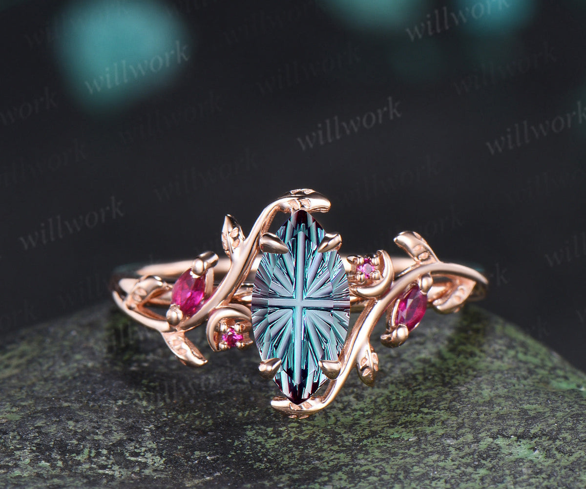 Marquise Fantasy Cut Alexandrite Ring Set Leaf Twig Moon Promise Ring Ruby Accent Wedding Band Color Change Gemstone Bridal Set