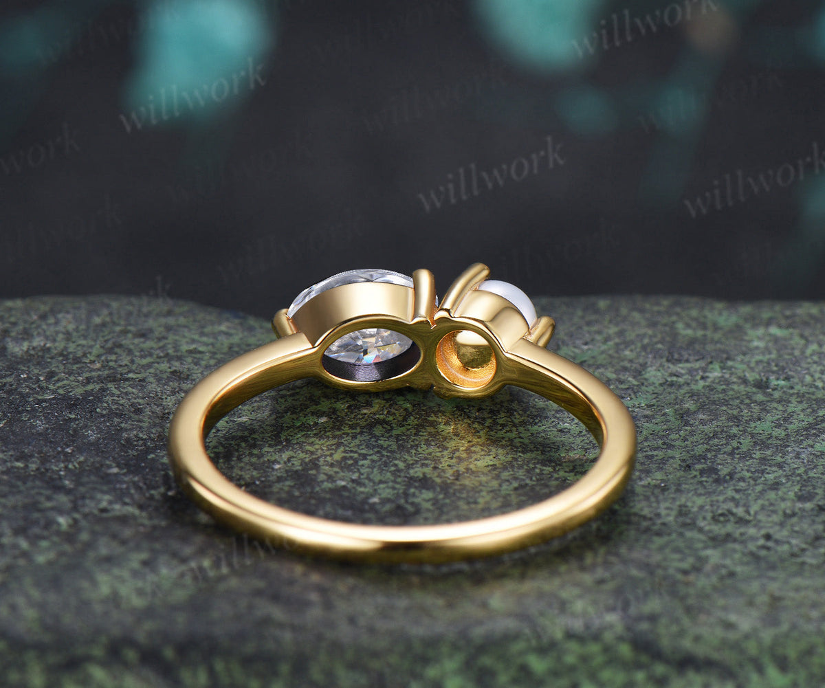Oval Moissanite and Pearl Toi et Moi Ring Two Stone Engagement Ring Minimalist Couple Besties Jewelry