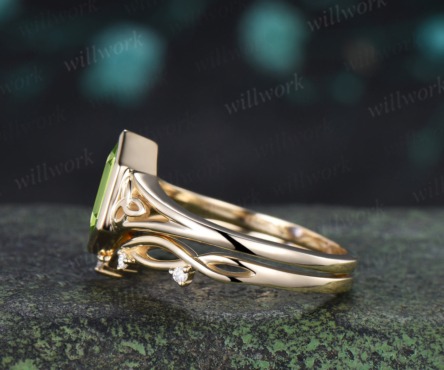 Hexagon Cut Peridot Engagement Ring Set Celtic Knot Ring Infinity Twisted Moissanite Band August Birthstone Bridal Set