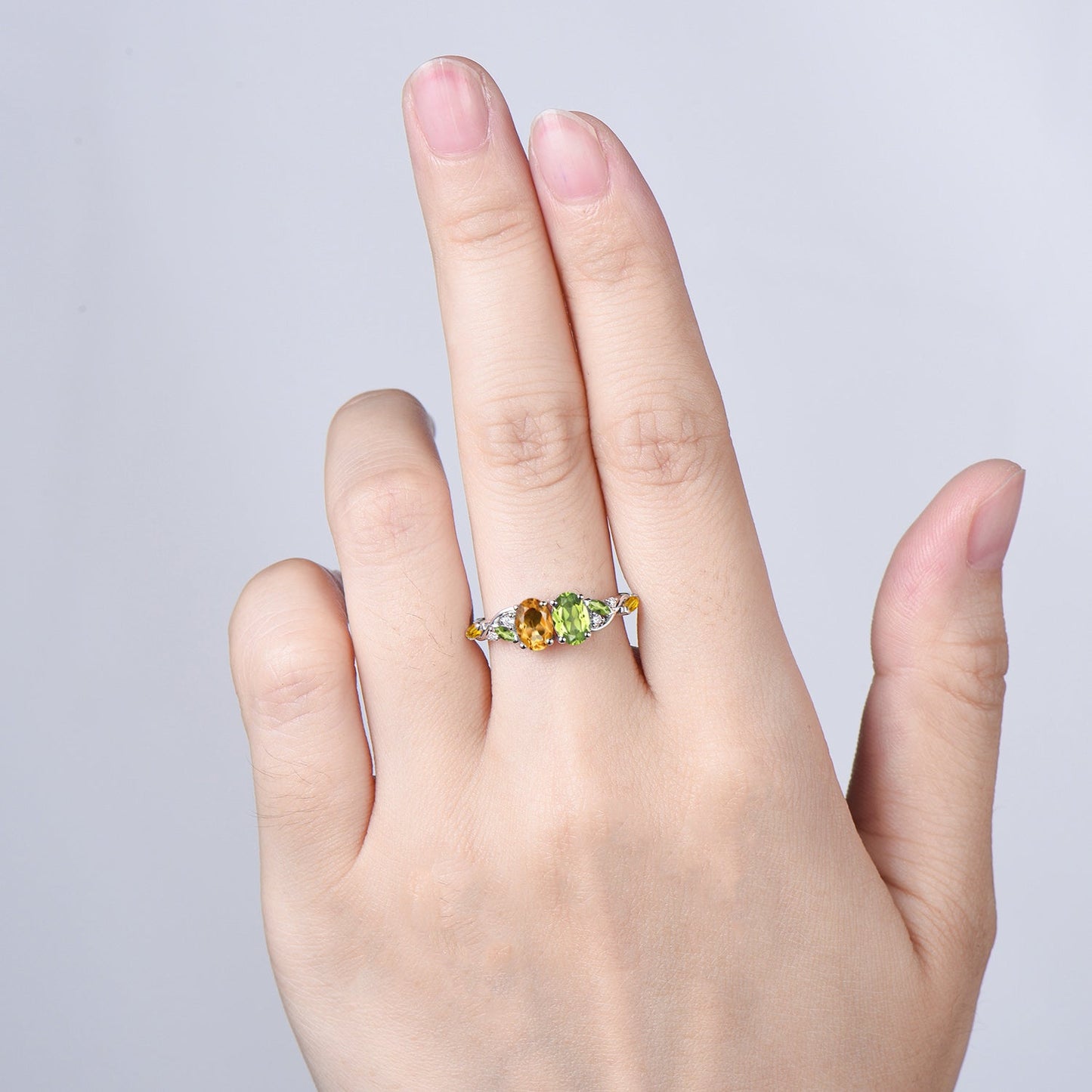 Vintage Peridot Citrine Engagement Ring | 14K White Gold Two Stone Oval Cut Promise Ring