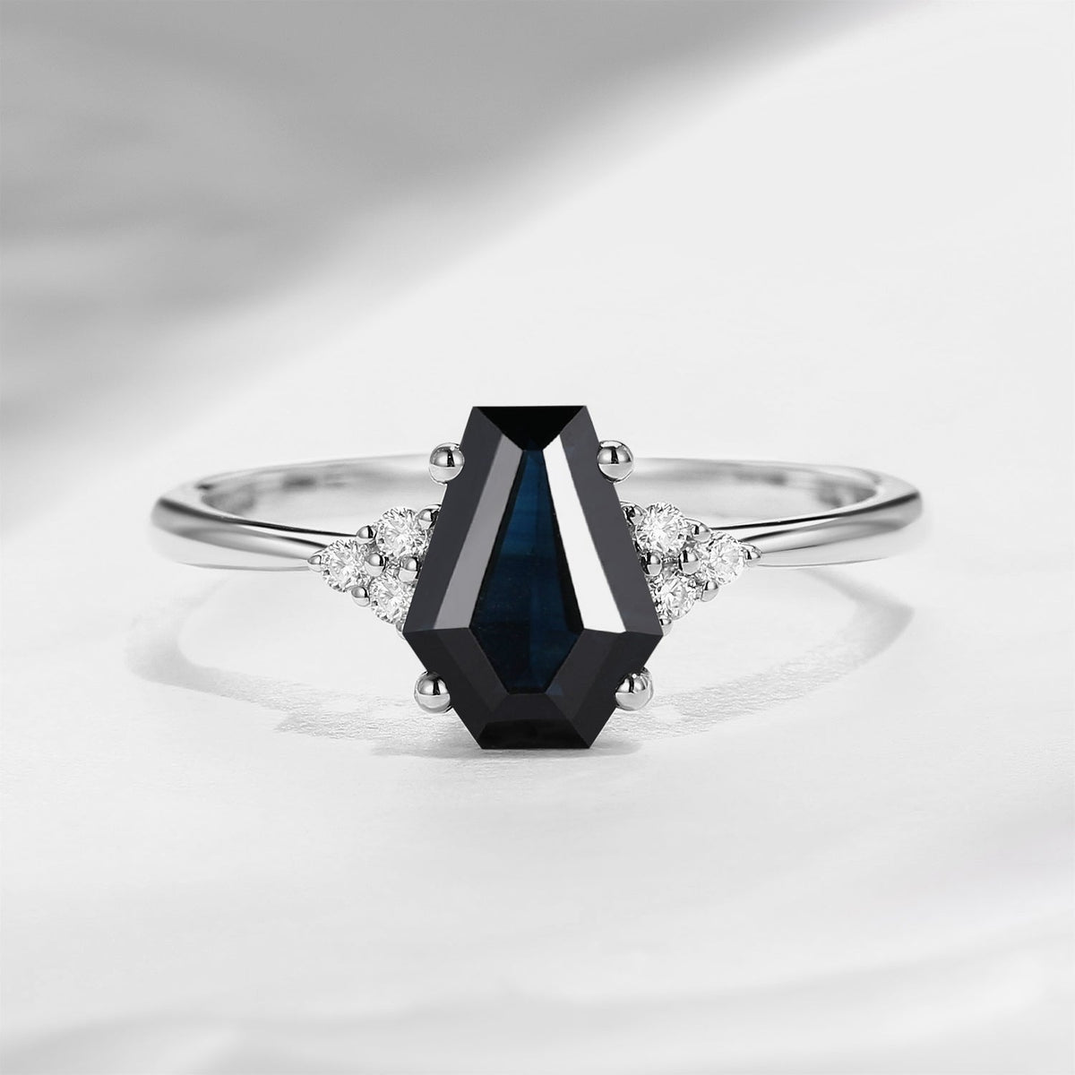 Classic Coffin Shaped Natural Black Sapphire Engagement Ring