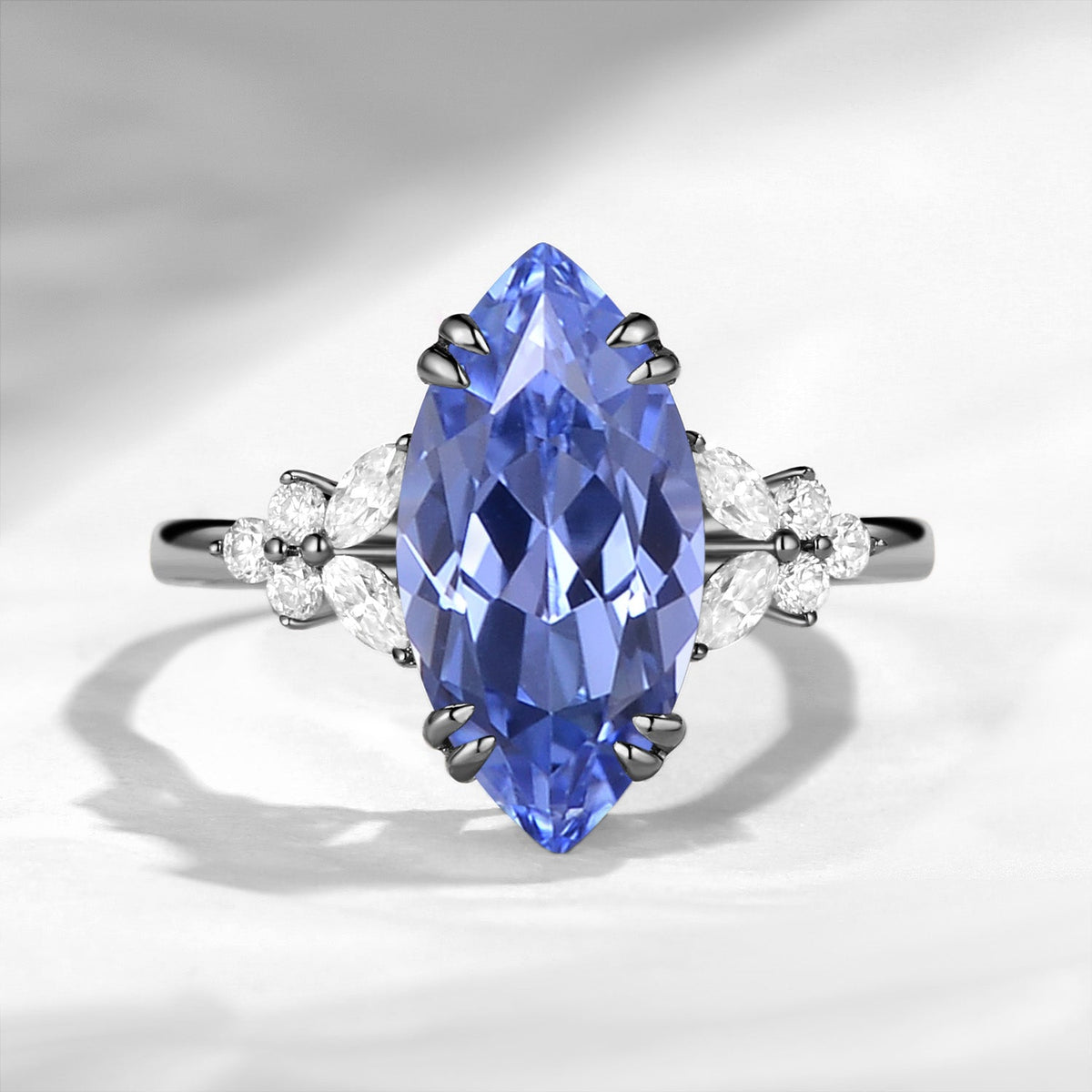 Marquise Cut Lab Cornflower Sapphire Engagement Ring - Fairy Butterfly