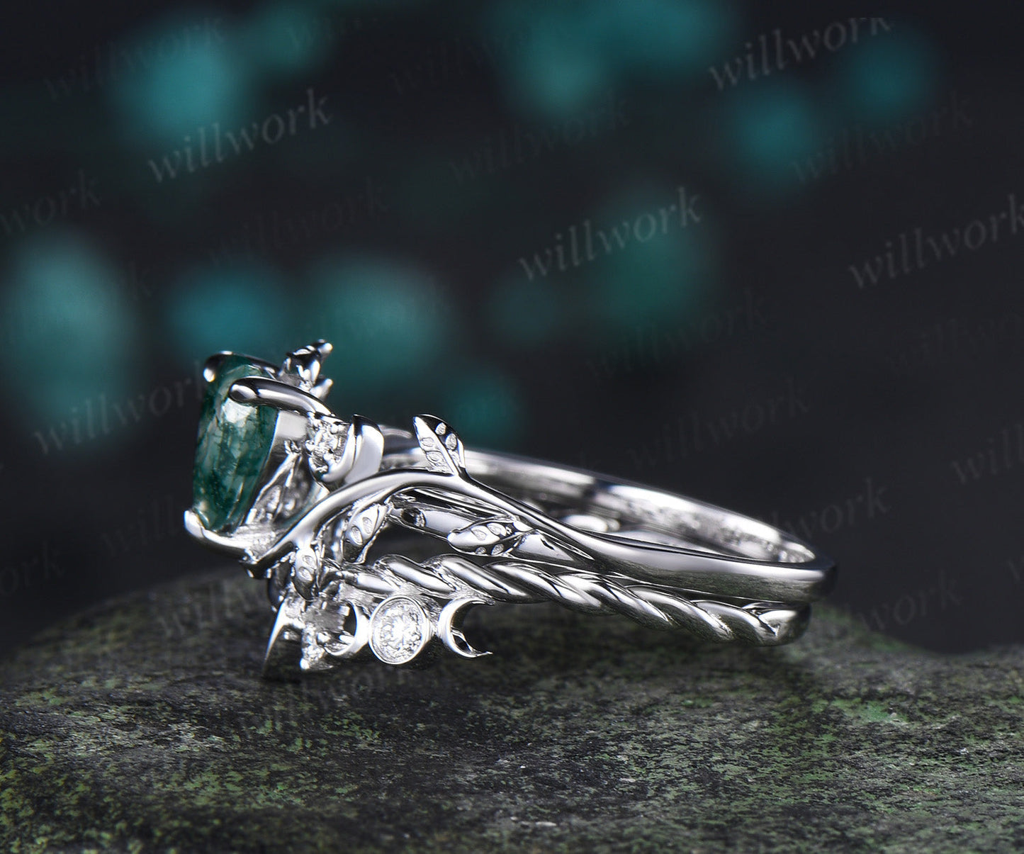 Vintage Heart Moss Agate Engagement Ring Twig Leaf Nature inspired Moon Diamond Celtic knot Wedding Ring Set