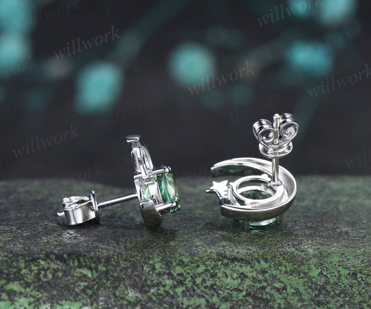 Round Green Sapphire Moon Star Stud Earrings Celestial Crescent Moon Gemstone Earrings Minimalist Jewelry