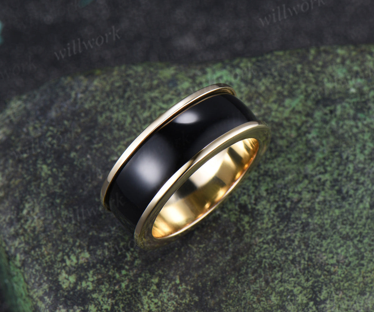 Unique Black Onyx Wedding Band for Men Black Onyx Inlay Ring Modern Men Half Eternity Ring