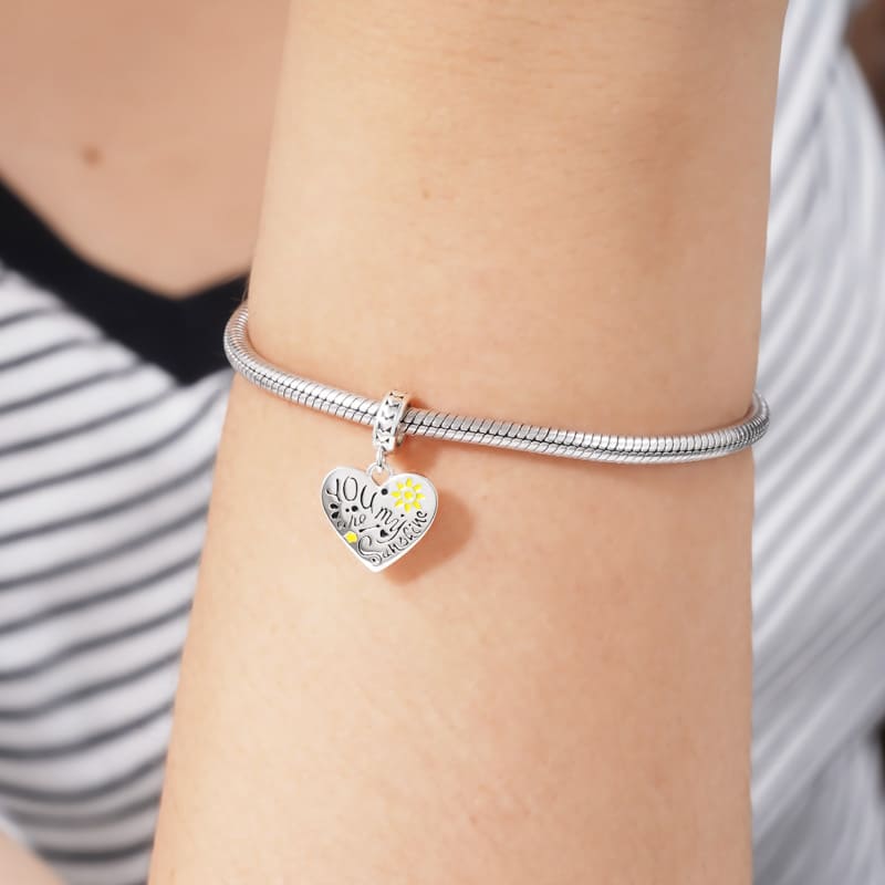 "You are my sunshine" Heart Pendant Dangle Charm Sterling Silver