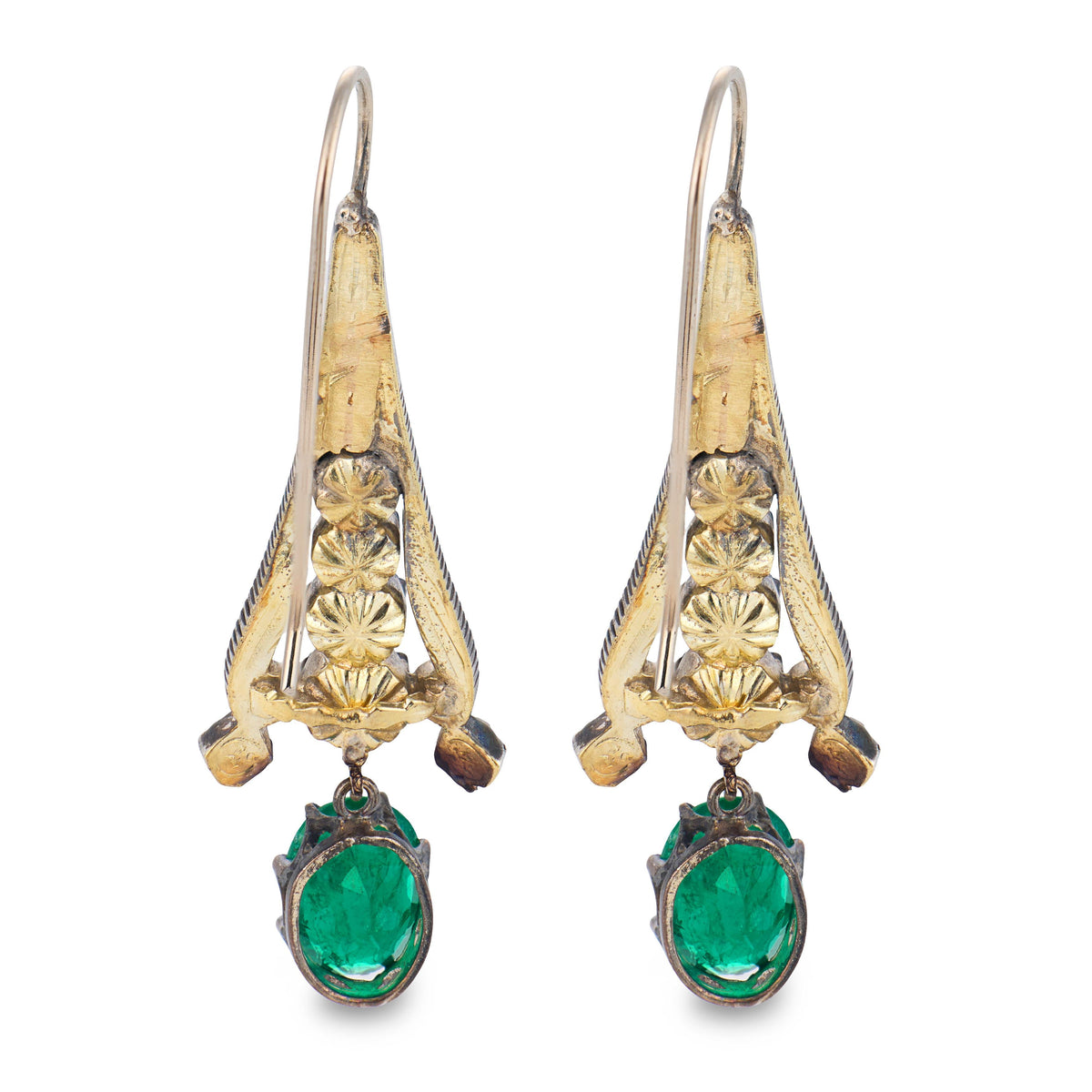 Georgian 14k/S/S 3CTW Emerald & Rose Cut Diamond Earrings