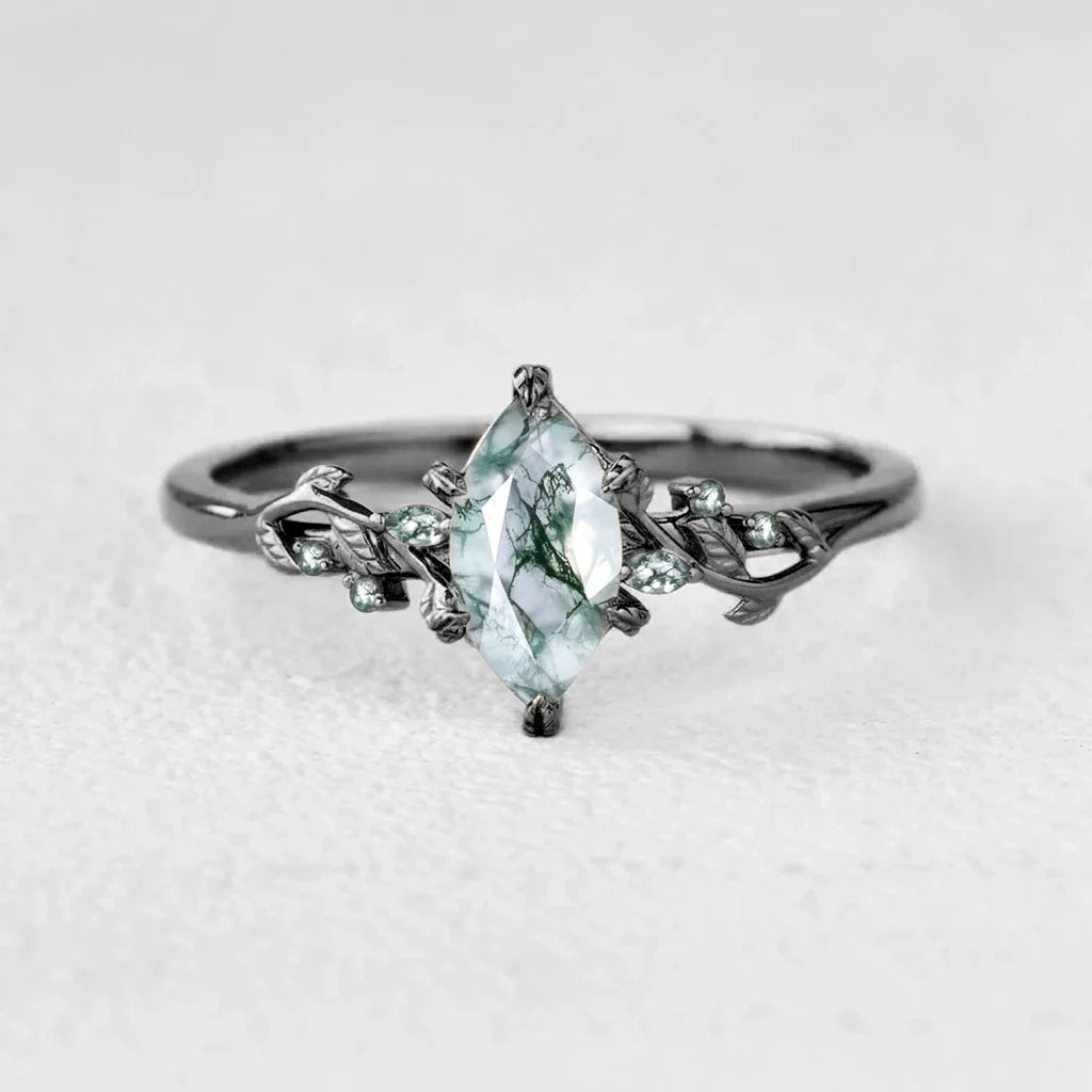 Celandine’s Twine | Marquise Moss Agate Leafy Twist Engagement Ring