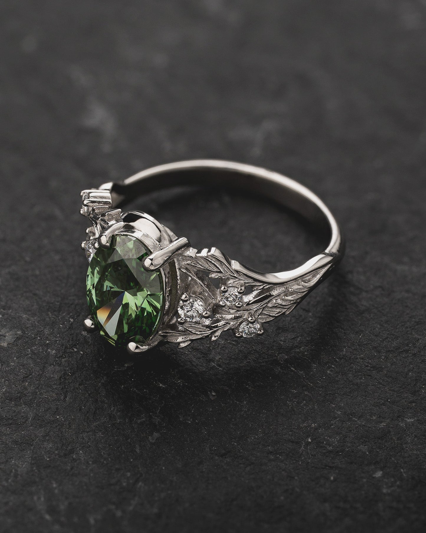 Woodland-Inspired Engagement Ring with Oval Green Diamond / Japanese Maple