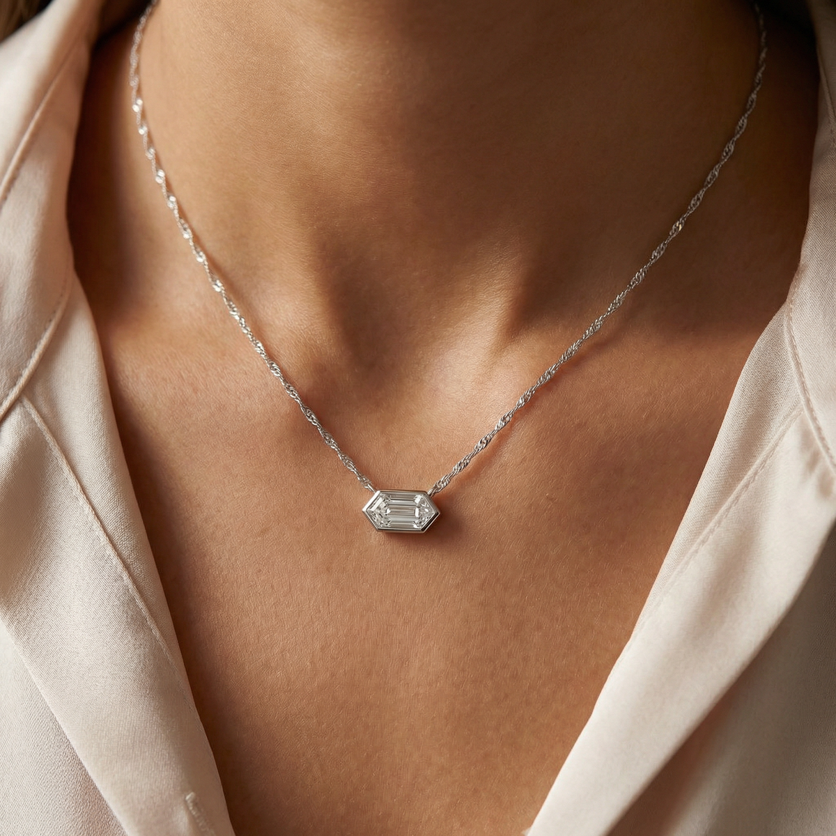 Certified 3/4Ct Long Hexagon Bezel Diamond East West Pendant Necklace Lab Grown