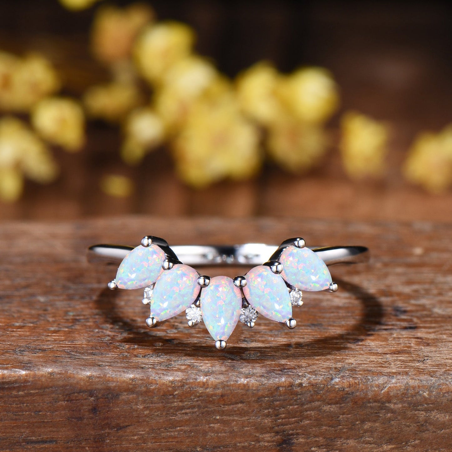 Vintage White Fire Opal Wedding Band, Curved Stacking Ring, 14K Rose Gold Five Stone