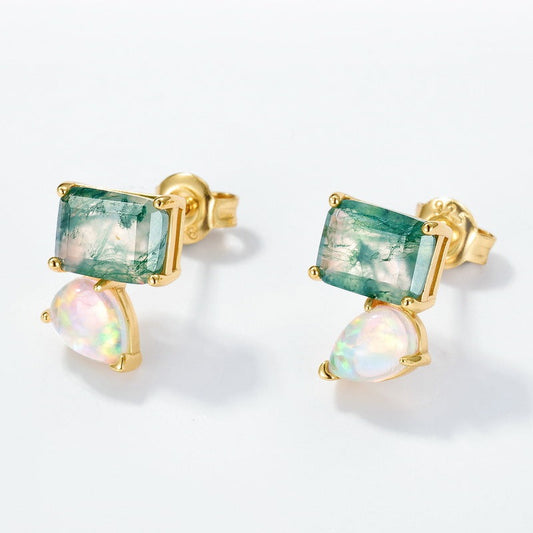 Twon Stone Emerald Cut Moss Agate & Pear White Opal Earrings for Women