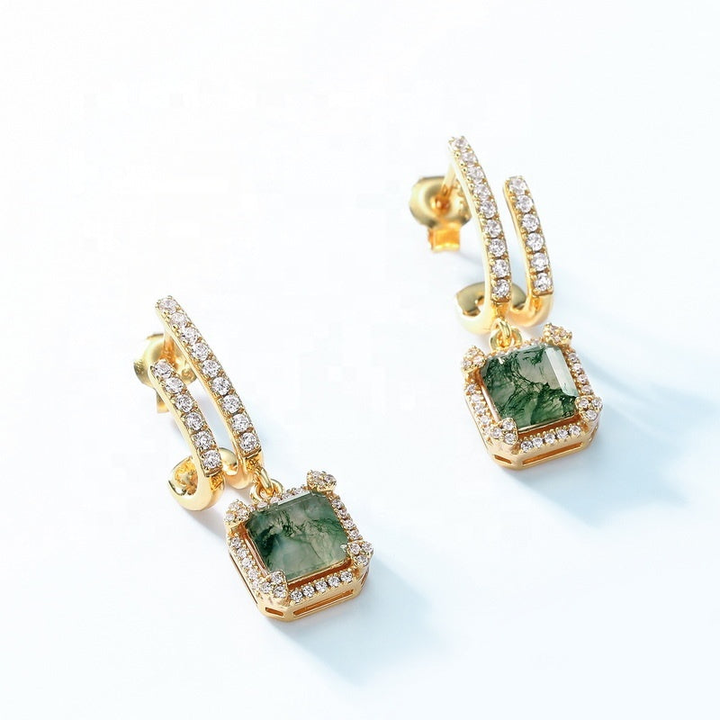 Modern Double Hoop Moss Agate Earrings Square Halo Dangle Studs